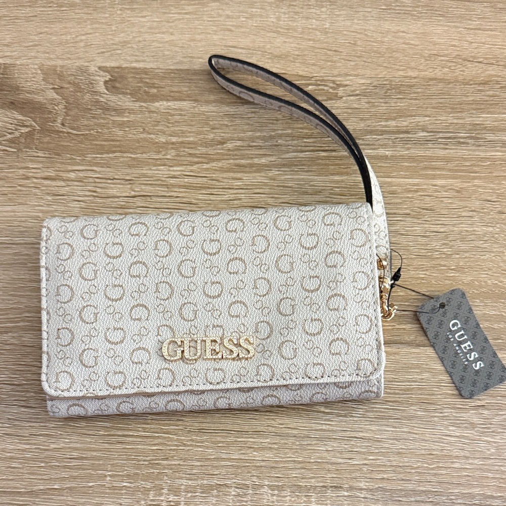 Guess Beige Logo Wristlet Clutch with Gold Accents